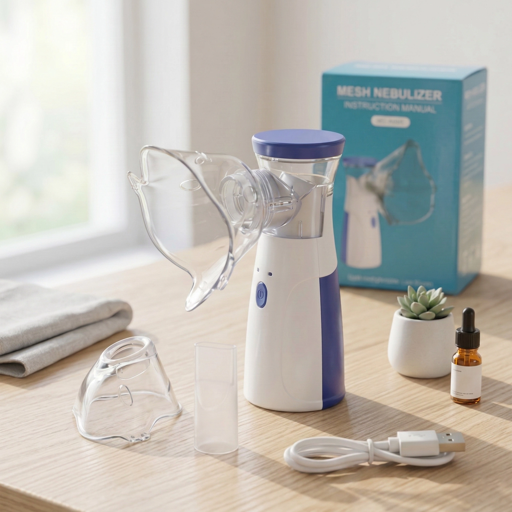 A compact, white and grey portable mesh nebulizer with a clear medication cup, showing the device emitting a fine mist, designed for quiet and efficient respiratory treatment.