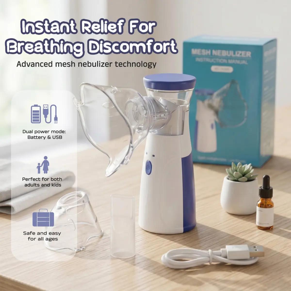 A person holding a compact, white and grey portable mesh nebulizer in their hand, demonstrating its small, ergonomic size and ease of use in a brightly lit home setting.