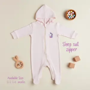 Light pink hooded baby sleep suit with a front zipper, footed legs, and a small unicorn embroidery on the chest, available for infants aged 0-3 and 3-6 months.