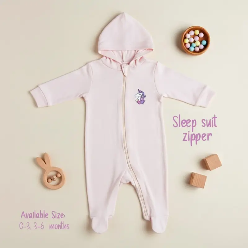 Light pink hooded baby sleep suit with a front zipper, footed legs, and a small unicorn embroidery on the chest, available for infants aged 0-3 and 3-6 months.