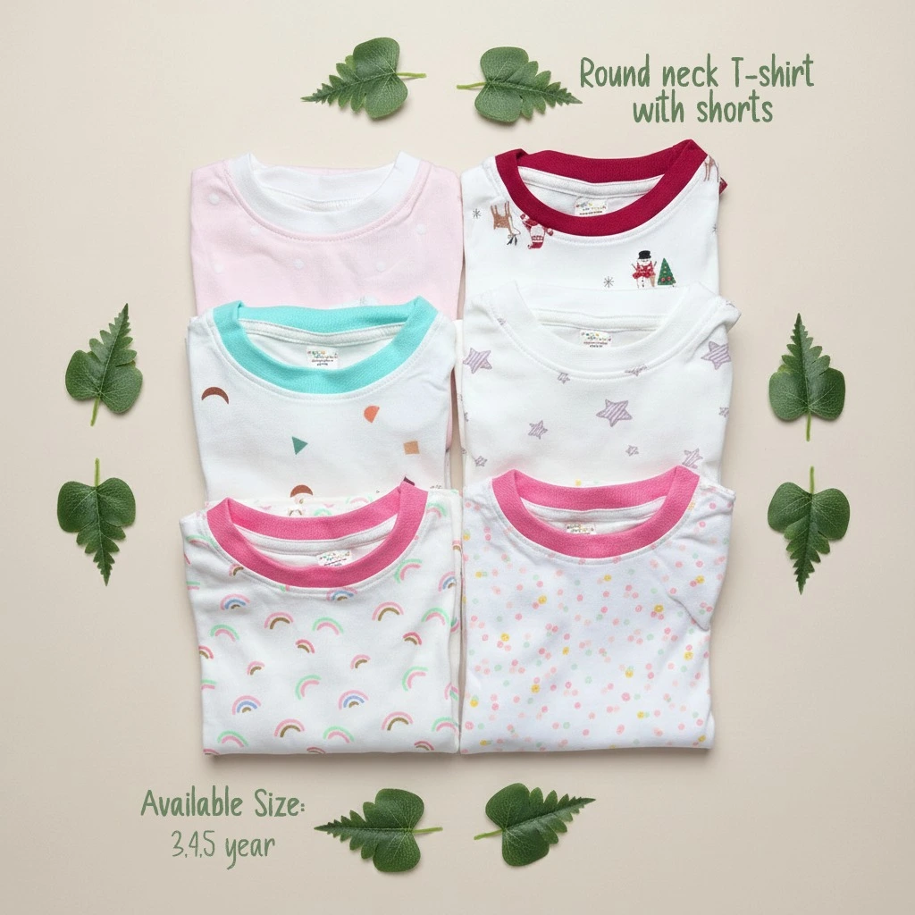 A variety of folded toddler round neck T-shirts and shorts in colorful patterns including rainbows, stars, and holiday themes, surrounded by green leaves.