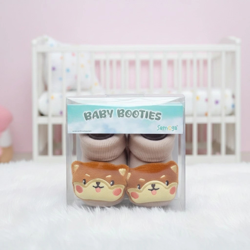 Tan knit baby booties with cute embroidered Shiba Inu dog faces on the toes, displayed in clear Semega brand packaging.