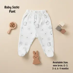 A collection of six assorted baby socks pants featuring various animal prints, stripes, and solid colors, displayed with wooden nursery toys