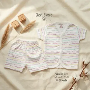 Puffy Cheeks two-piece baby summer set featuring a white short-sleeve button-up vest and matching elastic shorts with a colorful pastel zig-zag stripe pattern on a linen background.