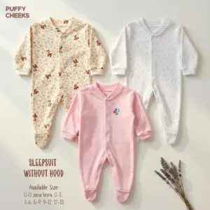 Three-piece set of Puffy Cheeks long-sleeve baby sleepsuits without hoods featuring floral deer print, pink polka dots, and solid pink designs.