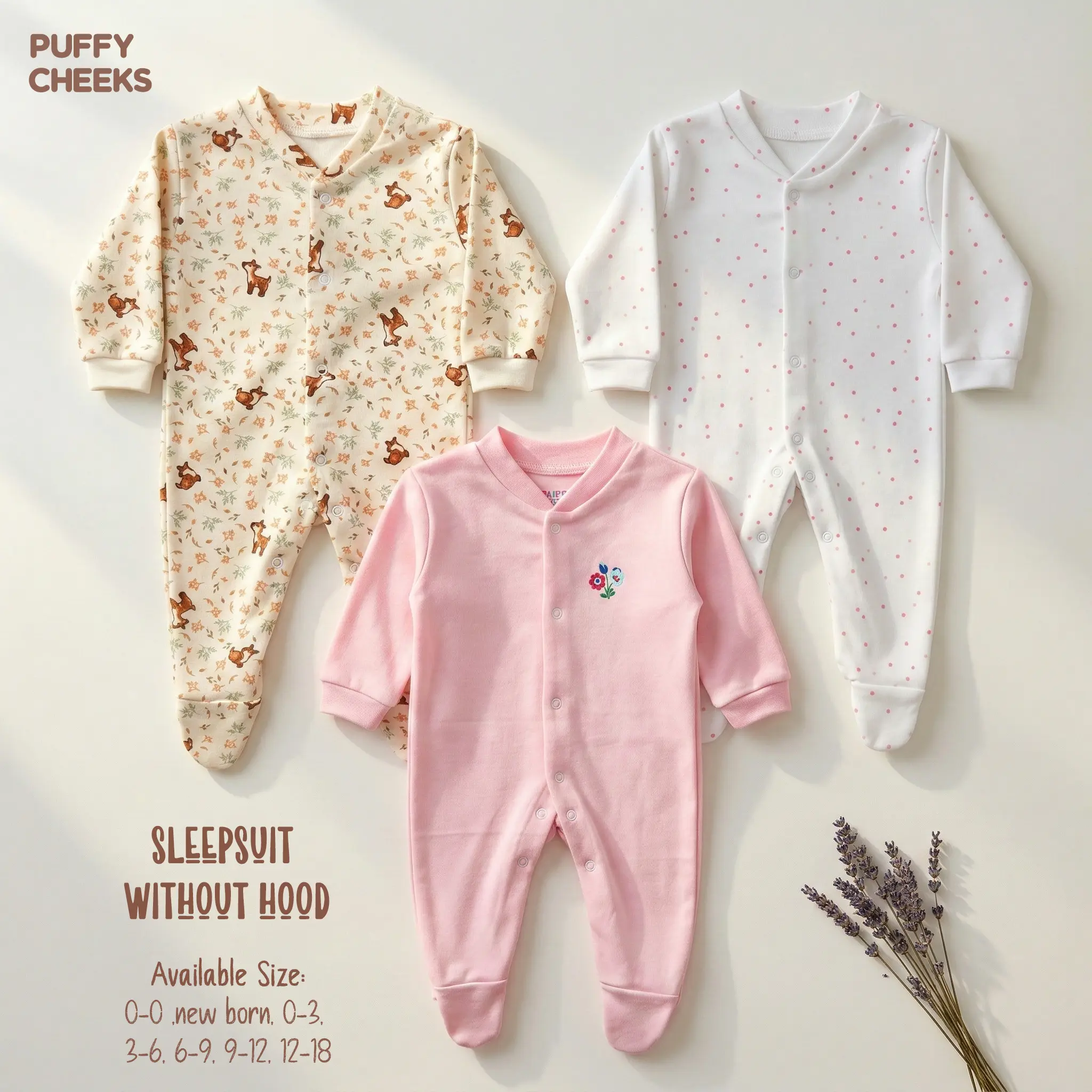 Three-piece set of Puffy Cheeks long-sleeve baby sleepsuits without hoods featuring floral deer print, pink polka dots, and solid pink designs.