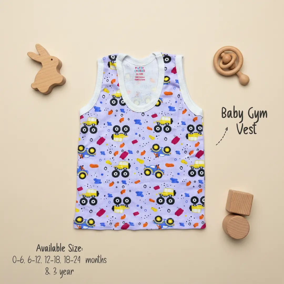 Puffy Cheeks purple baby gym vest with white trim featuring an all-over print of yellow and blue monster trucks, colorful abstract shapes, and "Available Size" text on a beige background with wooden toys.