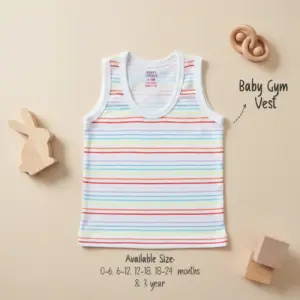 Puffy Cheeks white baby gym vest with blue trim featuring an all-over nautical print of anchors and sailboats, displayed on a neutral background with wooden blocks and toys.