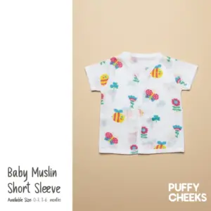 Puffy Cheeks baby muslin short sleeve shirt with colorful bee, butterfly, and flower print in white breathable fabric.