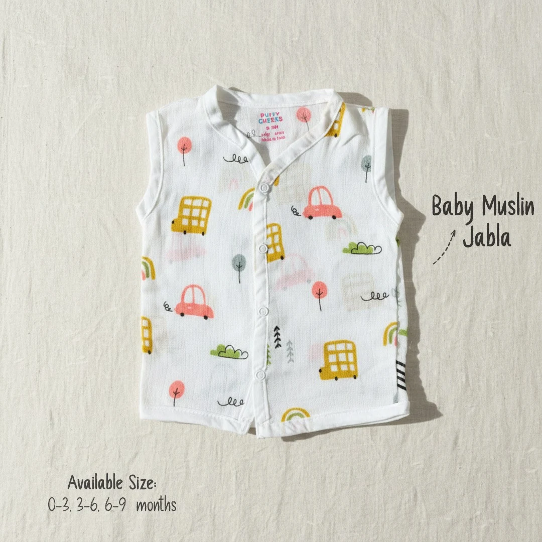 Puffy Cheeks infant sleeveless muslin jabla with cute pink car and yellow bus transportation print.