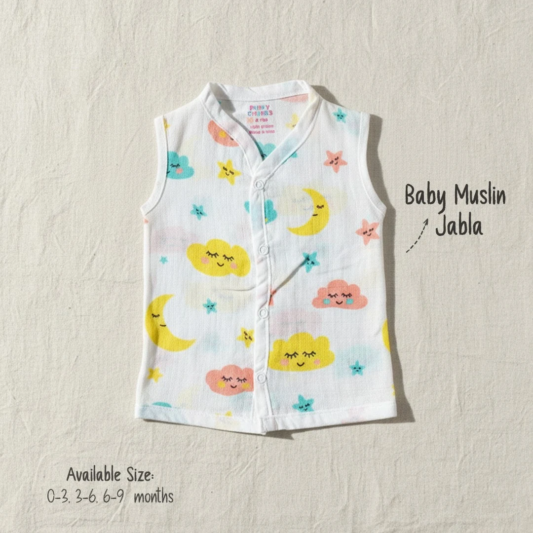 Sleeveless baby muslin jabla by Puffy Cheeks featuring a peaceful sleepy cloud and crescent moon print.