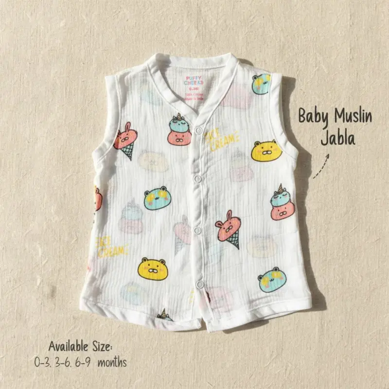 Puffy Cheeks sleeveless baby muslin jabla with cute cartoon animal ice cream cone print for infants.