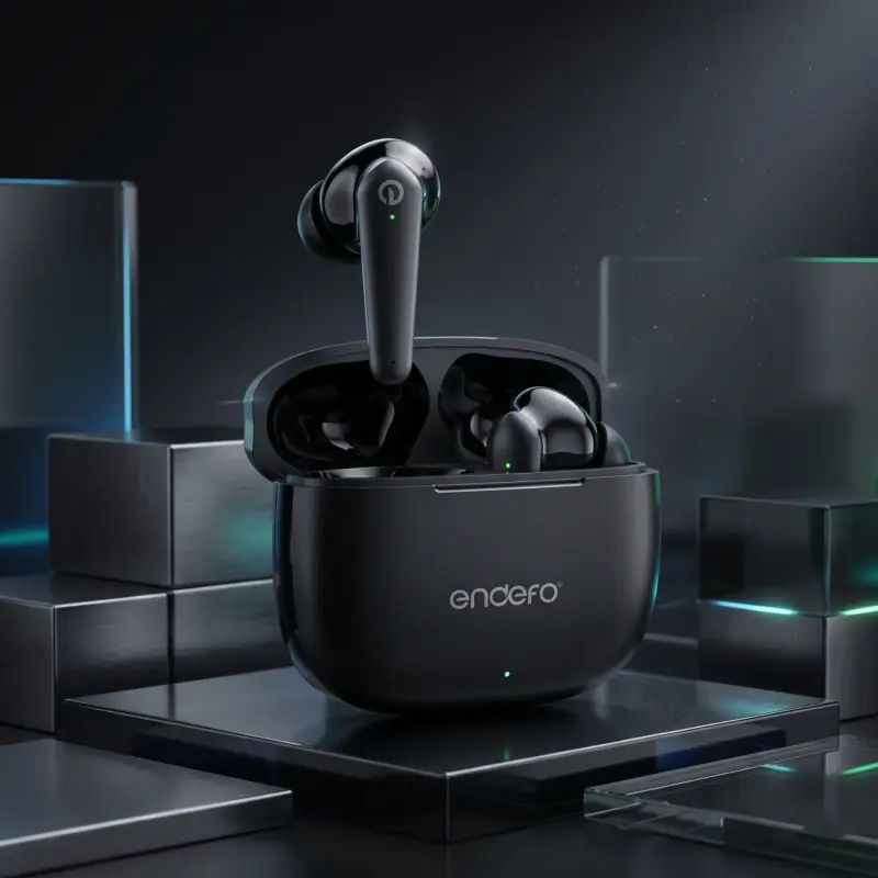 The file 1 (17).webp displays a glossy black Endefo Enbuds Aura wireless earbud floating just above its open matte black charging case, which sits on premium metallic blocks surrounded by subtle neon glass accents.