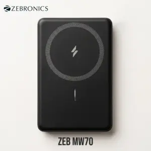 Top-down view of the black Zebronics ZEB-MW70 10000mAh power bank, showcasing its central magnetic wireless charging ring alignment pad and LED indicator on a clean off-white background.