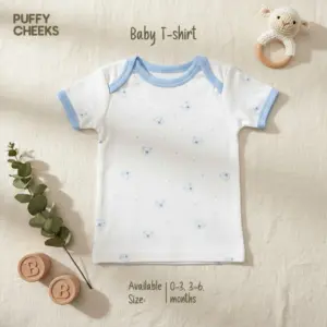 Premium 3-piece baby t-shirt set showcasing a soft white cotton short sleeve infant tee with a light blue envelope neck border and a mini teddy bear pattern, styled flat on a cream fabric backdrop with wooden blocks.