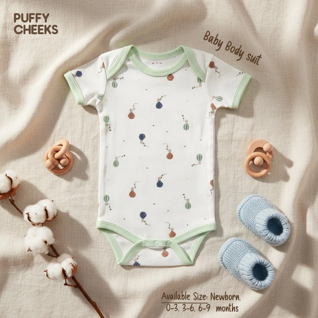 premium 3 piece baby bodysuit set featuring a short sleeve white infant onesie with hot air balloon prints, mint green trim, wooden teething rings, blue knitted booties, and a cotton sprig backdrop from puffy cheeks.