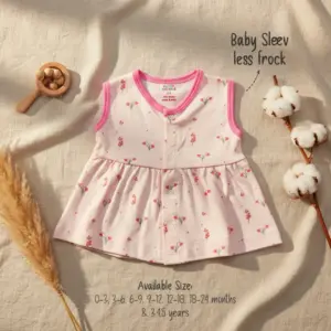 Premium baby sleeveless frock featuring a light pink pure cotton front-open casual summer dress with a delicate red floral print, vibrant pink trim, a wooden rattle, and a cotton pod sprig backdrop.