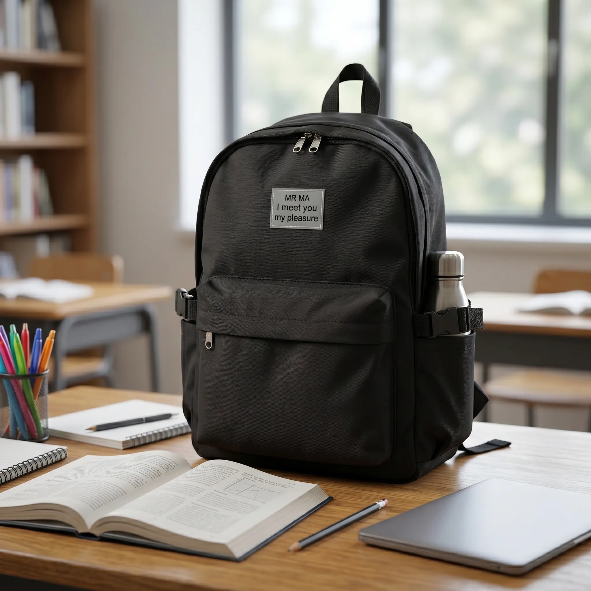 A sleek black high school backpack with a front label reading "MR MA I meet you my pleasure" sitting on a wooden classroom desk next to an open textbook, stationery, and a water bottle.