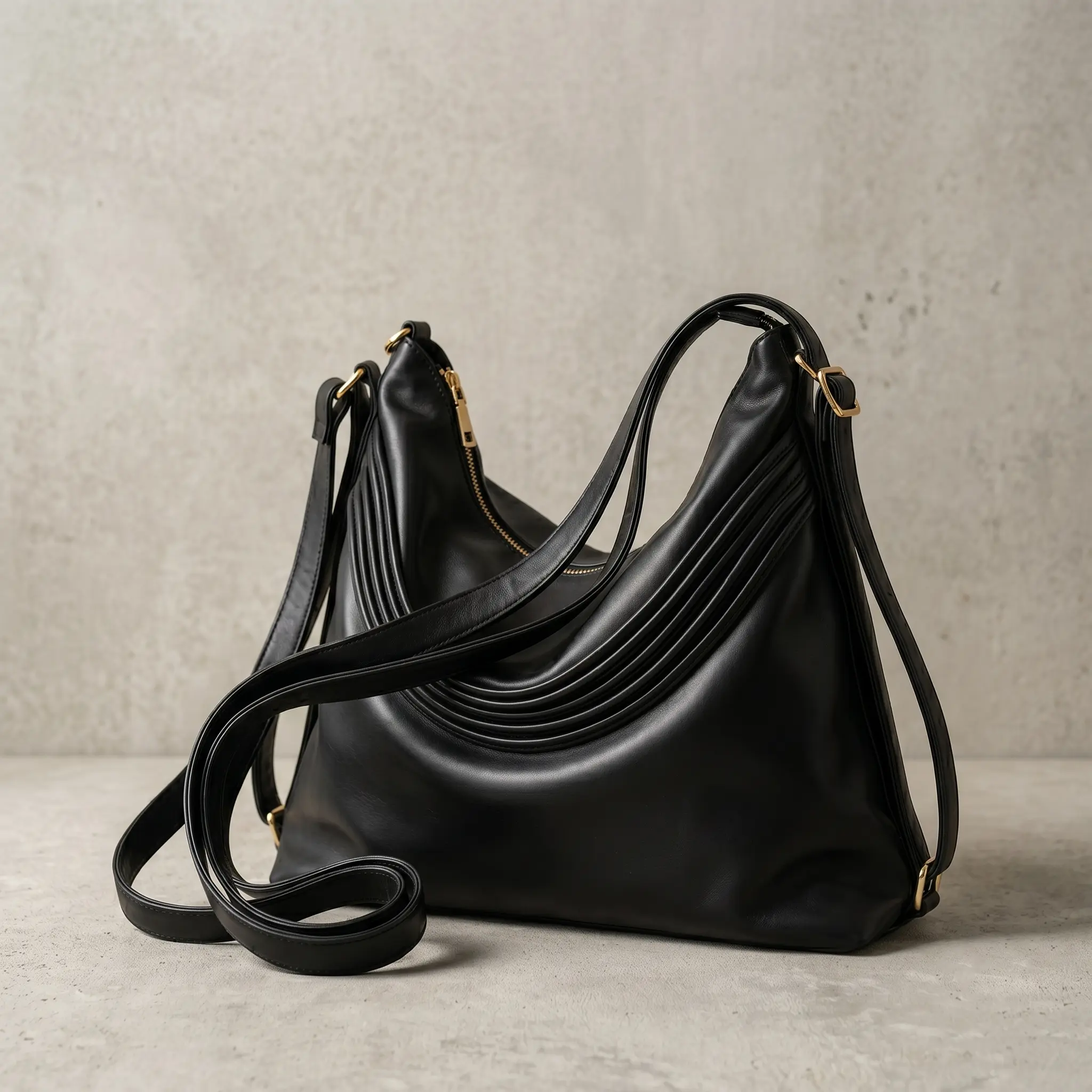 The file 1 (20).webp displays a large, slouchy black leather ladies sling bag resting on a textured light grey surface against a matching concrete wall background, highlighting its gold-toned zippers, hardware accents, and elegant layered pleat detailing across the front curve.
