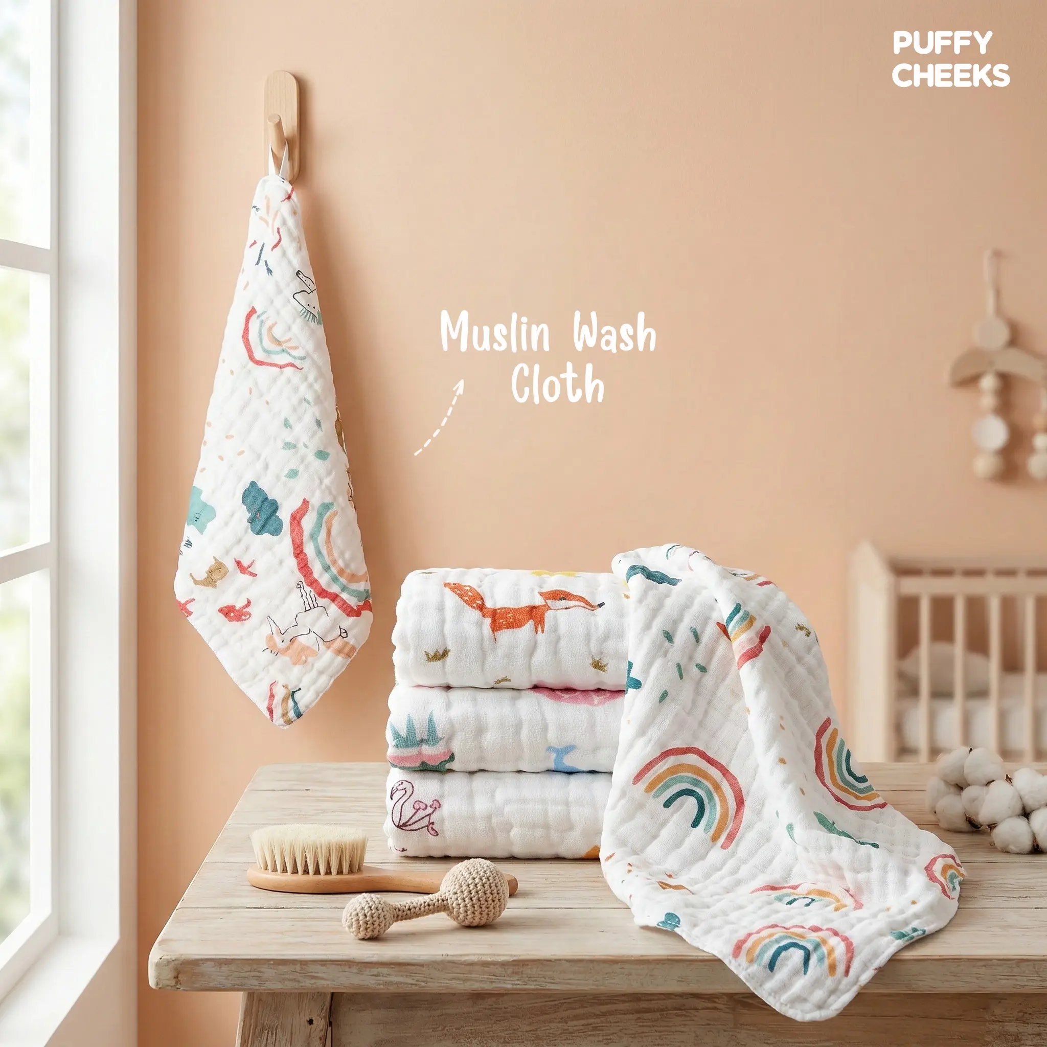 The image features a small square muslin towel hanging from a wooden wall hook next to a neat stack of folded muslin wash cloths with various prints including a red fox and rainbows, displayed on a rustic wooden table by Puffy Cheeks. A soft baby hairbrush and a crochet rattle lie on the table against a warm peach wall, with a blurry crib in the background.