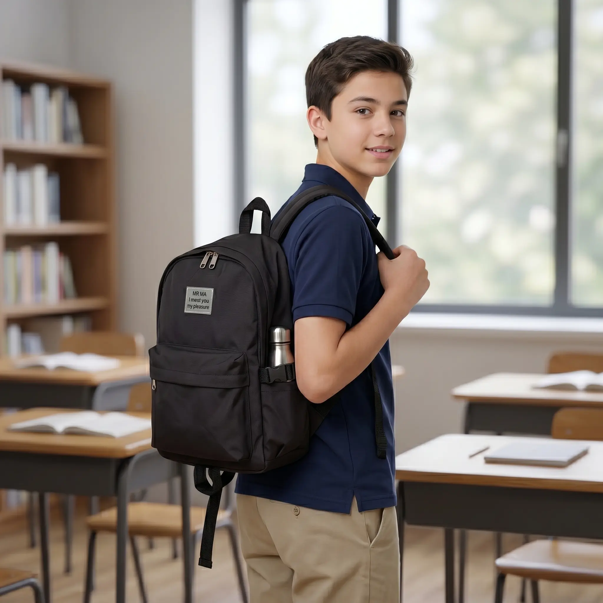 The image features a teenage boy wearing a navy polo shirt standing in a classroom with a durable black college backpack slung over his shoulder, showing a stainless steel water bottle in the side pocket.