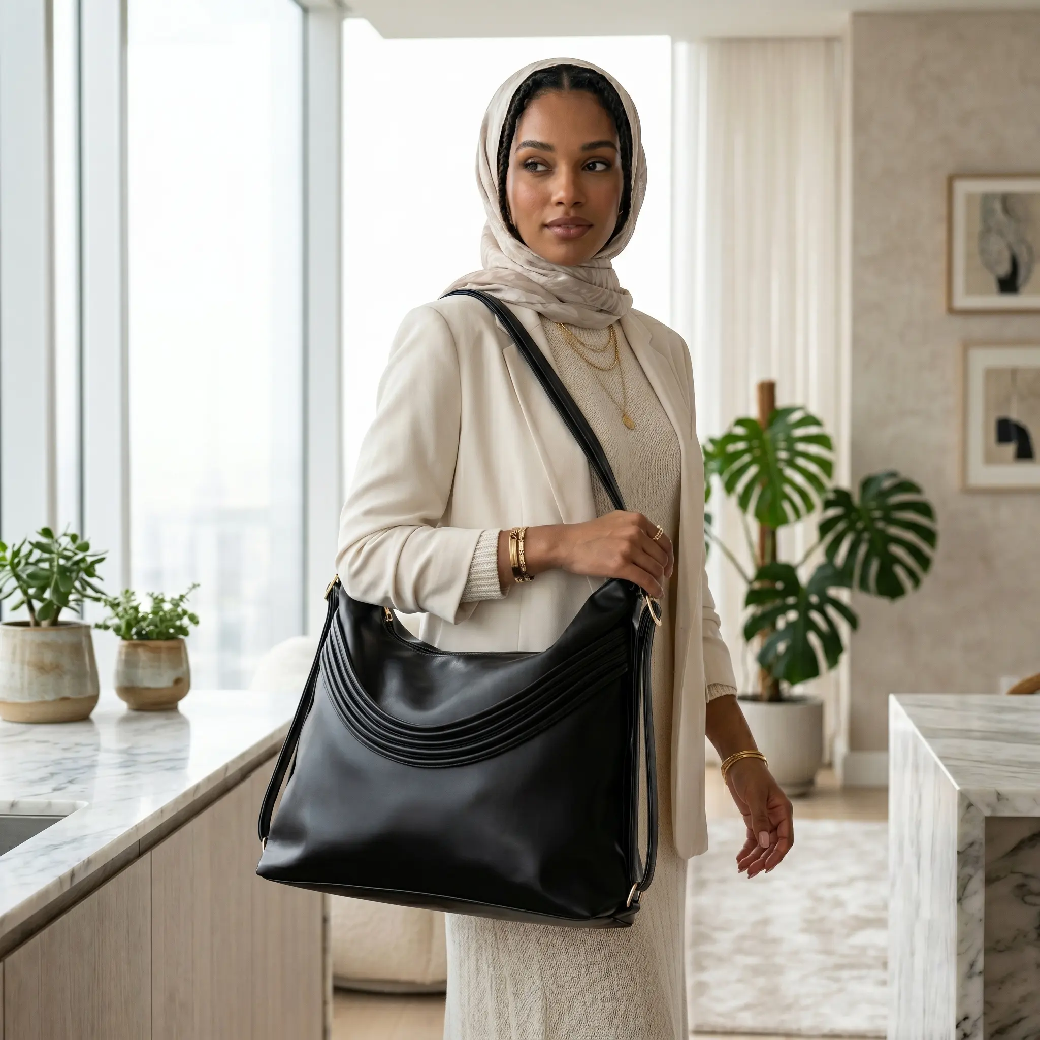 The picture shows a woman in an elegant ivory blazer, knit dress, and matching hijab slinging a large, slouchy black leather shoulder bag over her shoulder while standing in a bright, modern minimalist apartment.