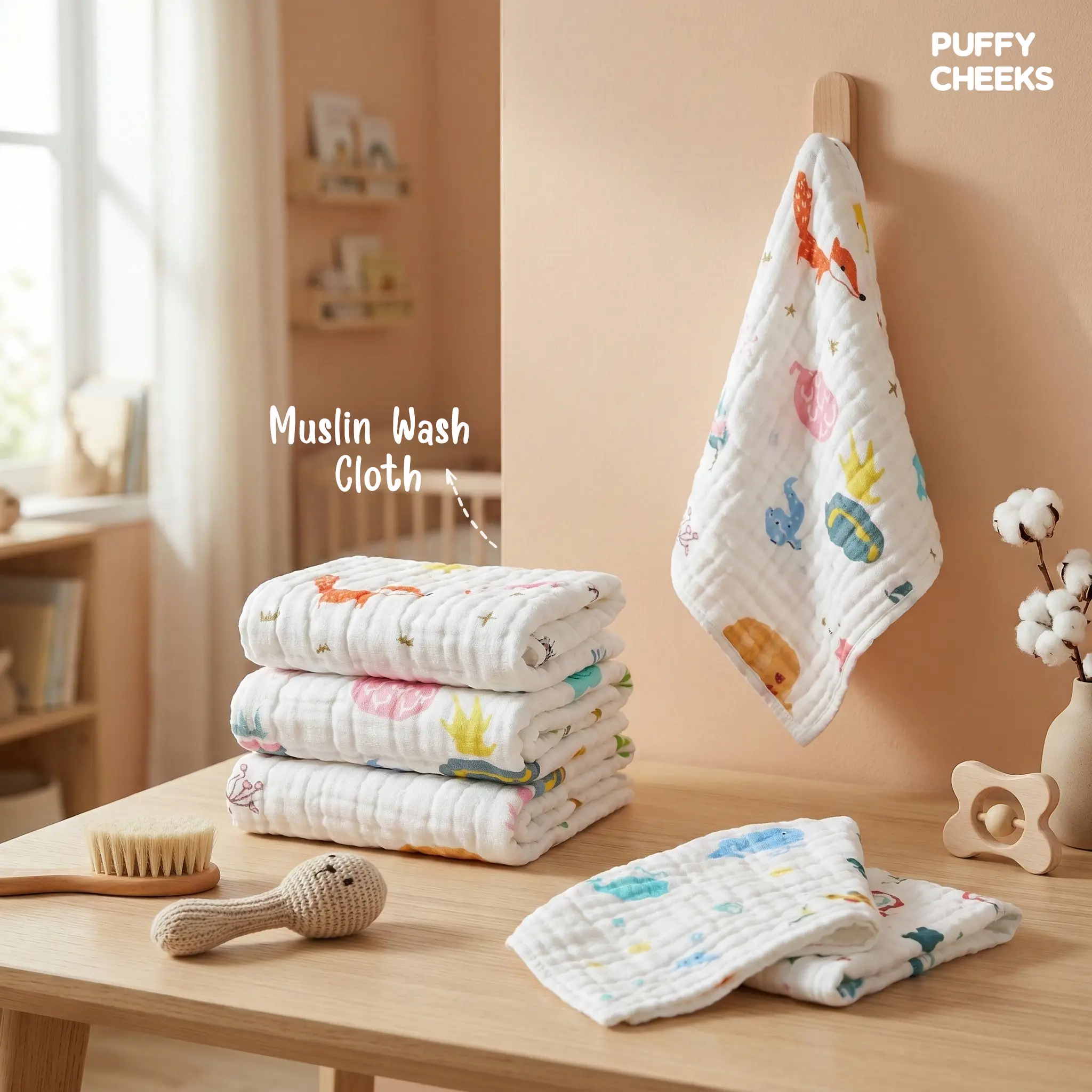 Puffy Cheeks Premium 6-Layer Cotton Baby Muslin Washcloths Set – Ultra-Soft, High-Absorbent Infant Face Towels & Handkerchiefs for Newborns and Toddlers (Multi-Pack Assorted Prints) - Image 2
