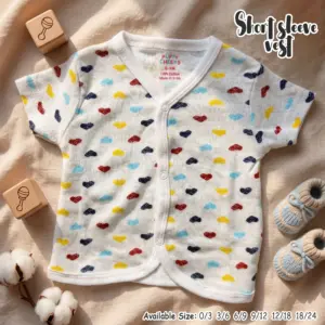 The image displays a collection of short-sleeve baby vests by Puffy Cheeks with v-necklines and front snap-button closures. The garments are crafted from 100% cotton and feature an assortment of gender-neutral patterns—including grey horizontal stripes, delicate geometric florals, subtle cream star motifs, scattered multi-colored hearts, and playful abstract clouds—flat-laid on a soft textured fabric alongside wooden blocks, baby booties, and cotton pods.
