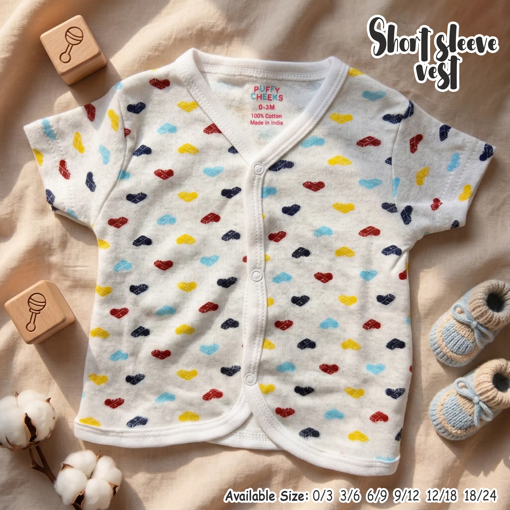 The image displays a collection of short-sleeve baby vests by Puffy Cheeks with v-necklines and front snap-button closures. The garments are crafted from 100% cotton and feature an assortment of gender-neutral patterns—including grey horizontal stripes, delicate geometric florals, subtle cream star motifs, scattered multi-colored hearts, and playful abstract clouds—flat-laid on a soft textured fabric alongside wooden blocks, baby booties, and cotton pods.