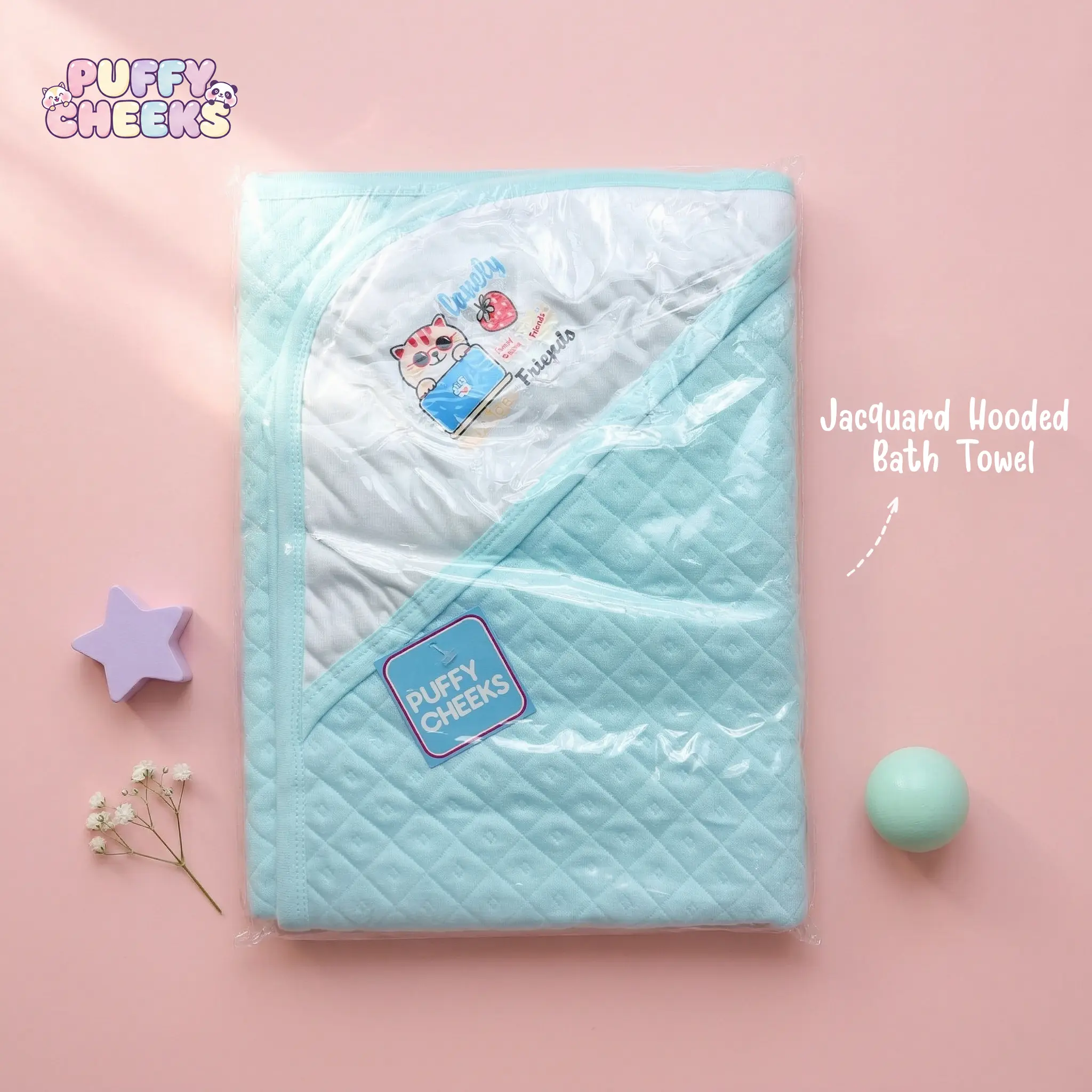 Puffy Cheeks turquoise blue jacquard hooded baby towel featuring a cute cartoon cat with sunglasses embroidery on a white background.