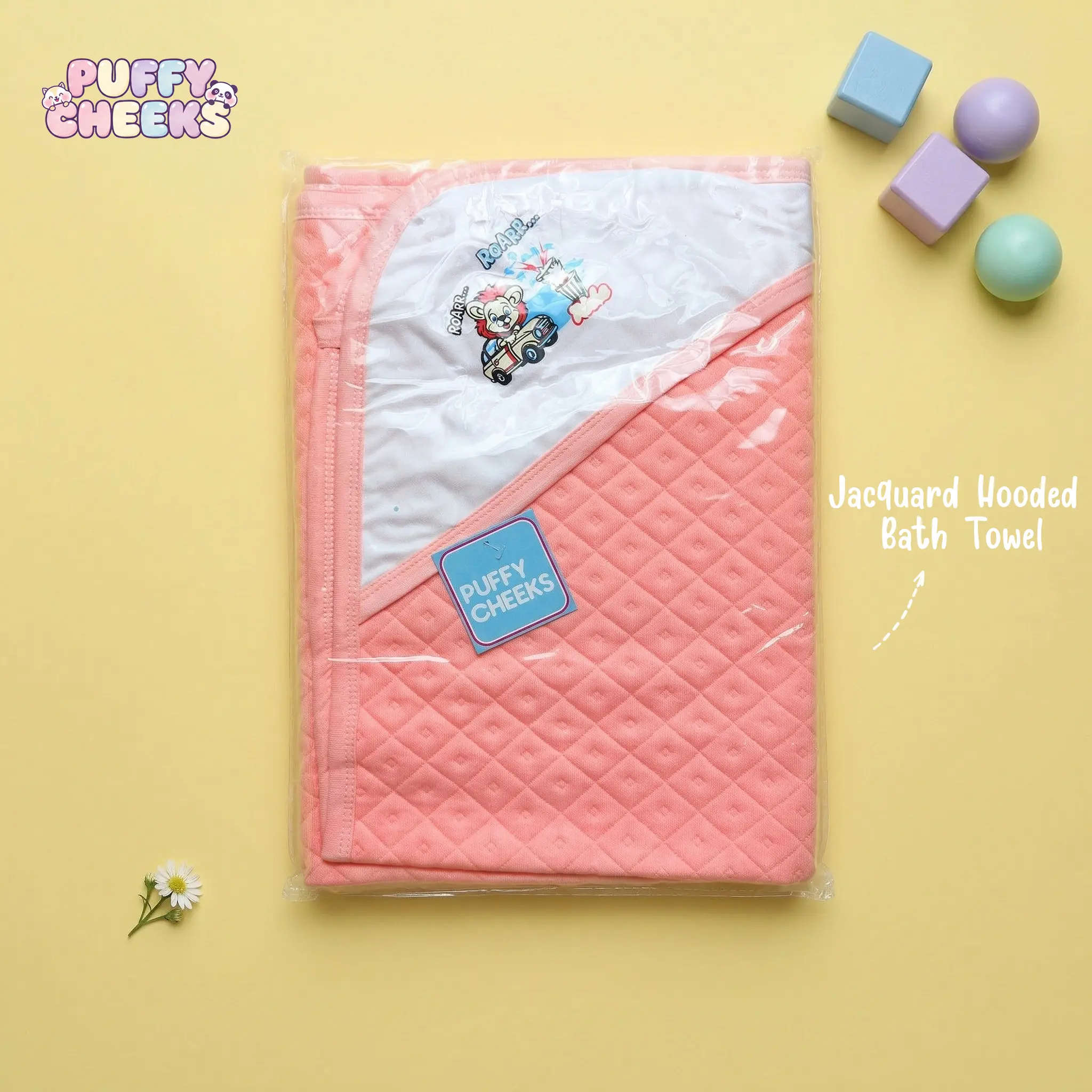 Puffy Cheeks coral pink hooded baby bath towel in textured diamond jacquard weave with a cartoon lion driving a car embroidery