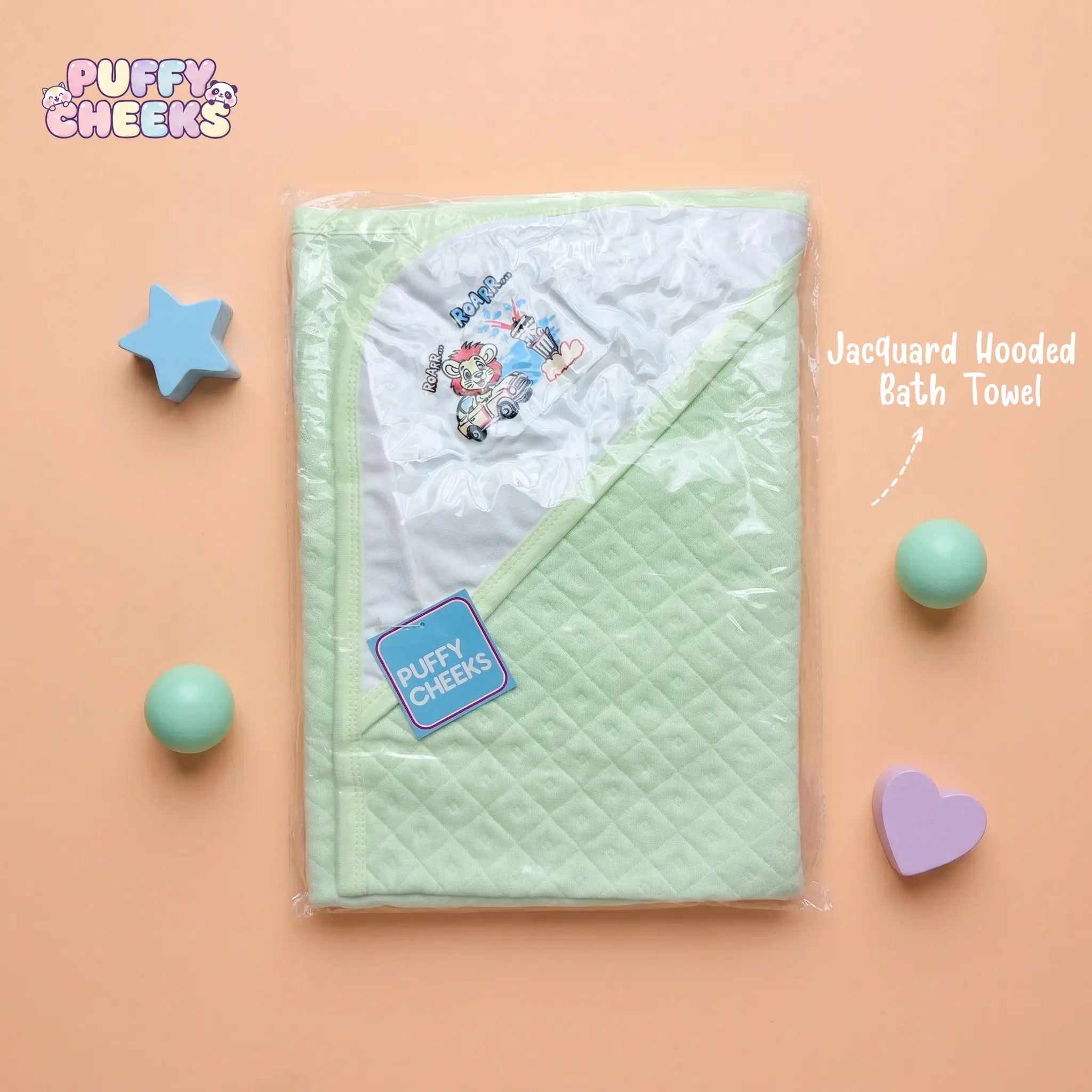 Puffy Cheeks mint green jacquard hooded bath towel for babies packaged with a cartoon lion embroidery on the white hood