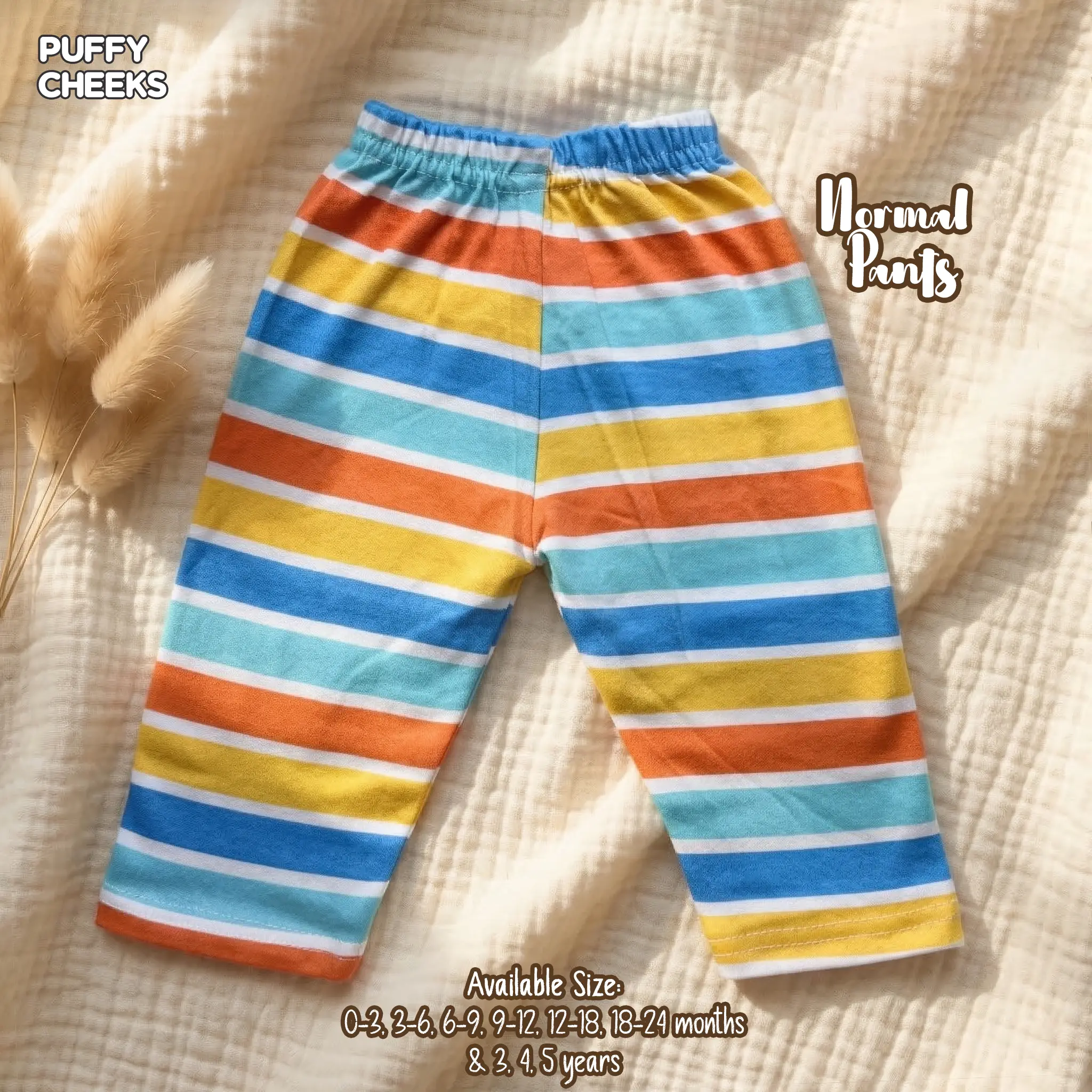 Puffy Cheeks baby normal pants in vibrant multicolor horizontal stripes featuring orange, yellow, blue, and white