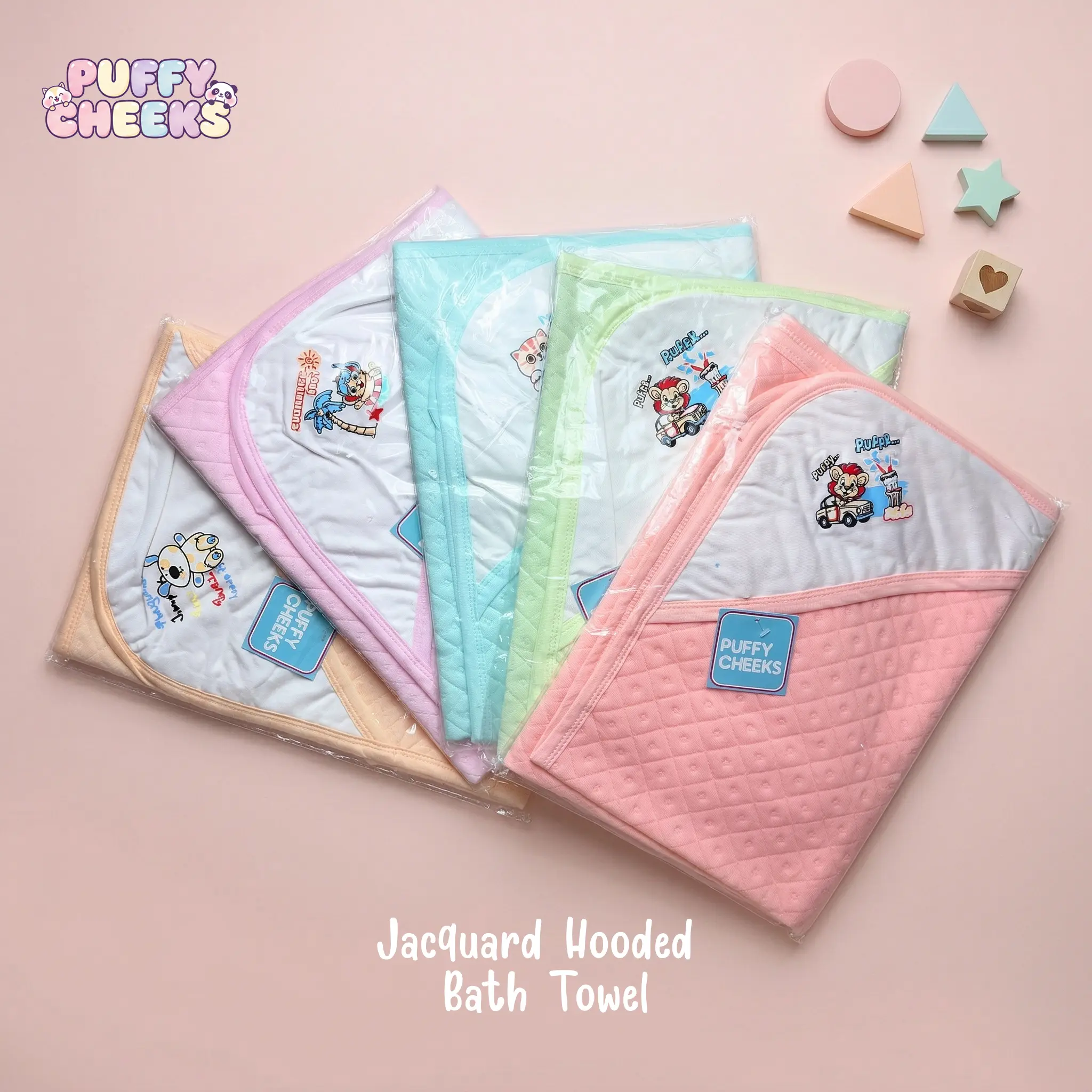 Five packaged Puffy Cheeks jacquard hooded baby bath towels fanned out in pastel shades of peach, pink, mint green, turquoise blue, and coral pink.