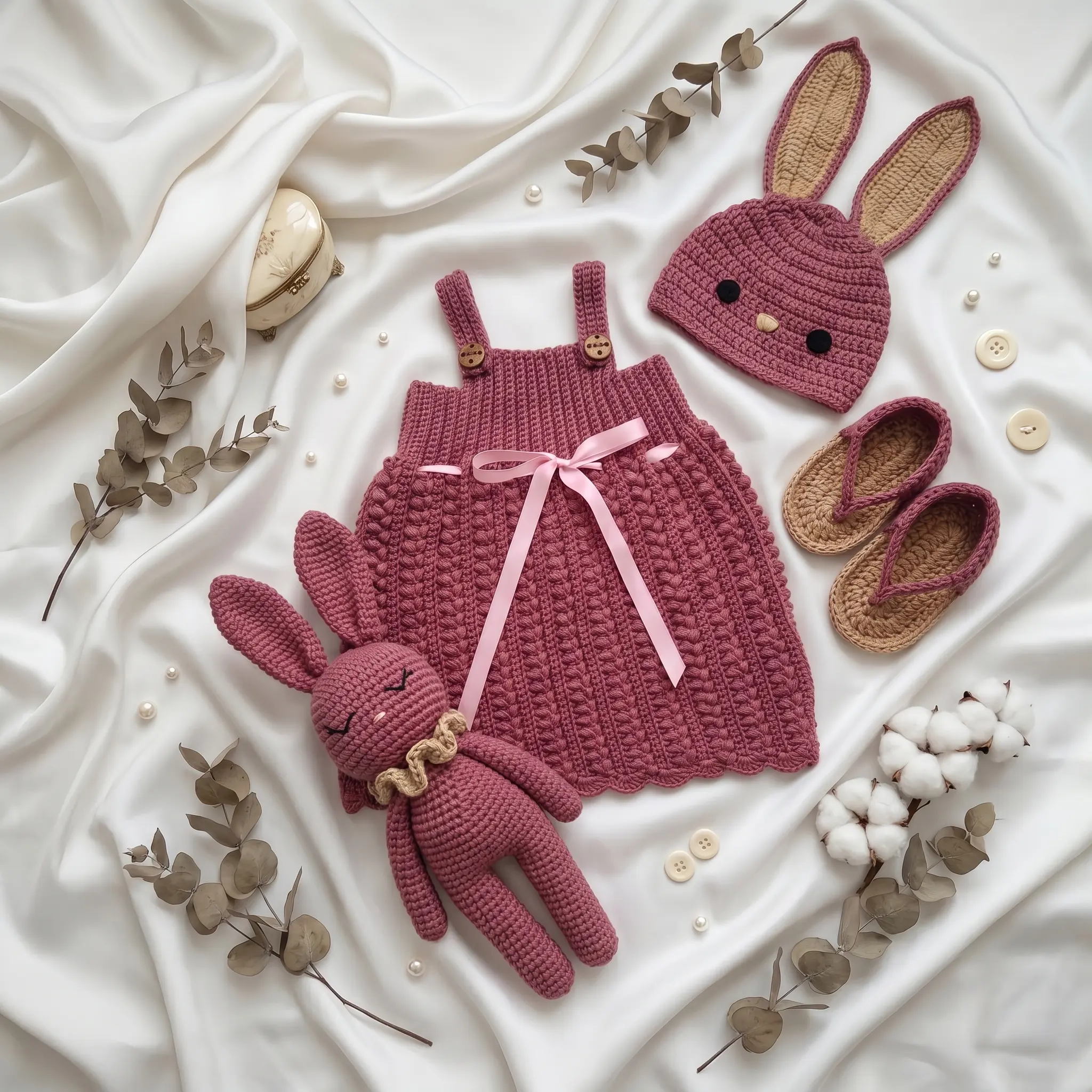 The file Gemini_Generated_Image_24z09624z09624z0.png showcases a flat lay of a dusty rose crochet baby gift set on a white silk fabric background, including a pinafore dress with a pink satin bow, a bunny ear beanie hat, matching booties, a matching knit bunny plush toy, scattered cotton pods, pearls, and dried eucalyptus leaves.