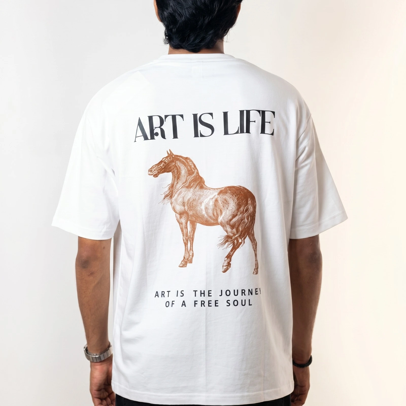 "ART IS LIFE" Premium White Five-Sleeve T-Shirt – Loop Knit Drop-Shoulder Streetwear Tee by Laynered - Image 4