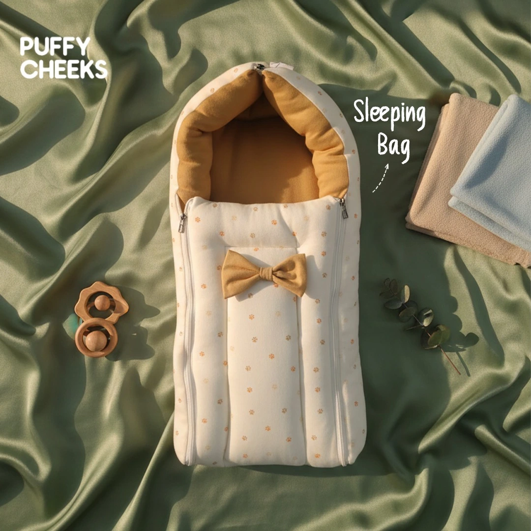 Puffy Cheeks cream and mustard yellow baby sleeping bag with a decorative bow on a sage green satin background.