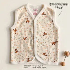 The Image shows a cream-colored sleeveless baby vest by Puffy Cheeks with a v-neckline and snap-button front closures. The vest features an all-over nature print of small brown deer, delicate green pine sprigs, and autumn leaves, laid flat on a white surface next to a wooden rattle toy.