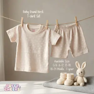 Baby round neck t-shirt and shorts set by Puffy Cheeks featuring an all-over faint white star print on a soft cream cotton fabric, with the short-sleeve t-shirt showing a shoulder snap button and a straight hem, hanging from a clothesline with wooden pegs next to matching elastic-waist shorts, displayed above a knit grey blanket with small knit infant booties and a plush knit bunny toy.