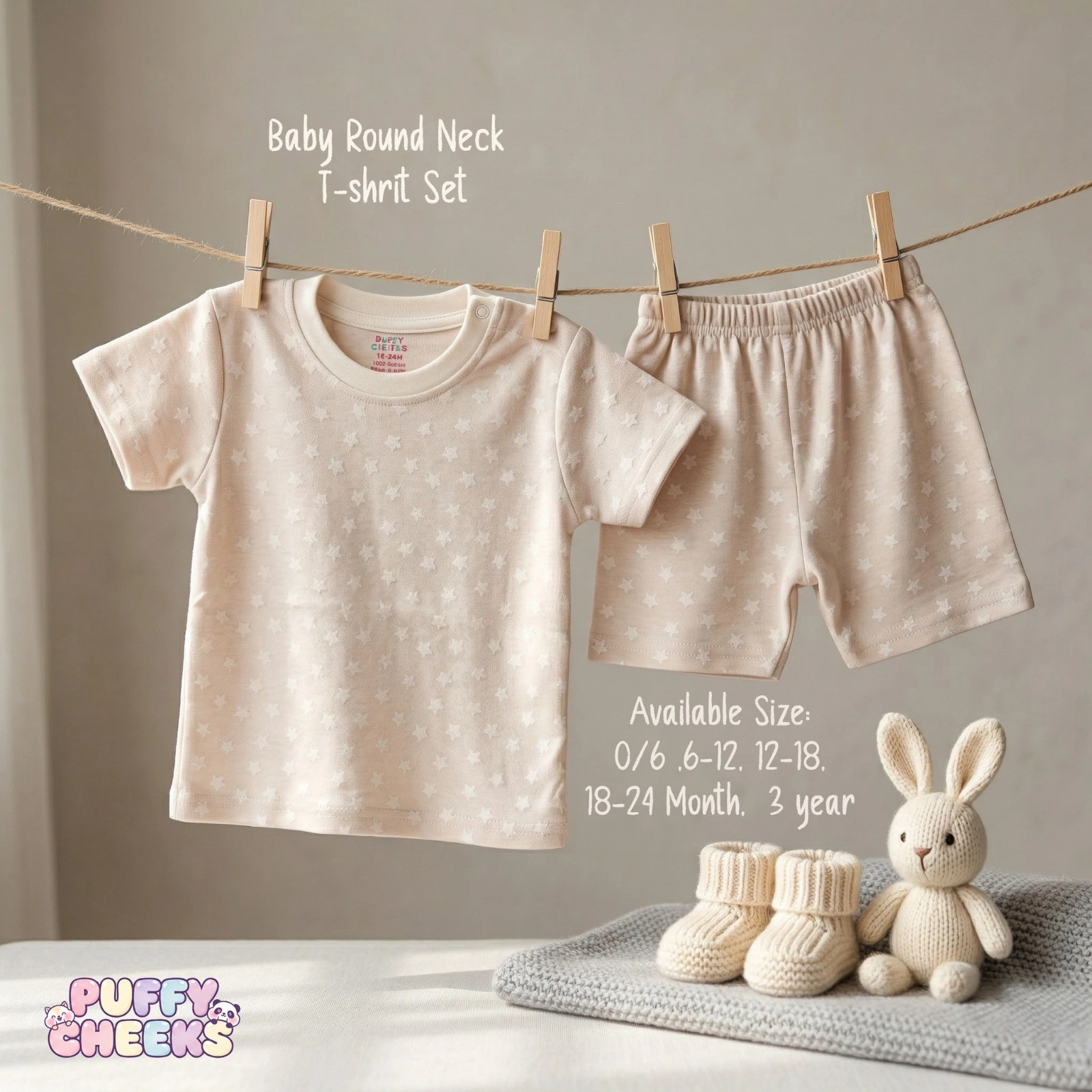 Baby round neck t-shirt and shorts set by Puffy Cheeks featuring an all-over faint white star print on a soft cream cotton fabric, with the short-sleeve t-shirt showing a shoulder snap button and a straight hem, hanging from a clothesline with wooden pegs next to matching elastic-waist shorts, displayed above a knit grey blanket with small knit infant booties and a plush knit bunny toy.