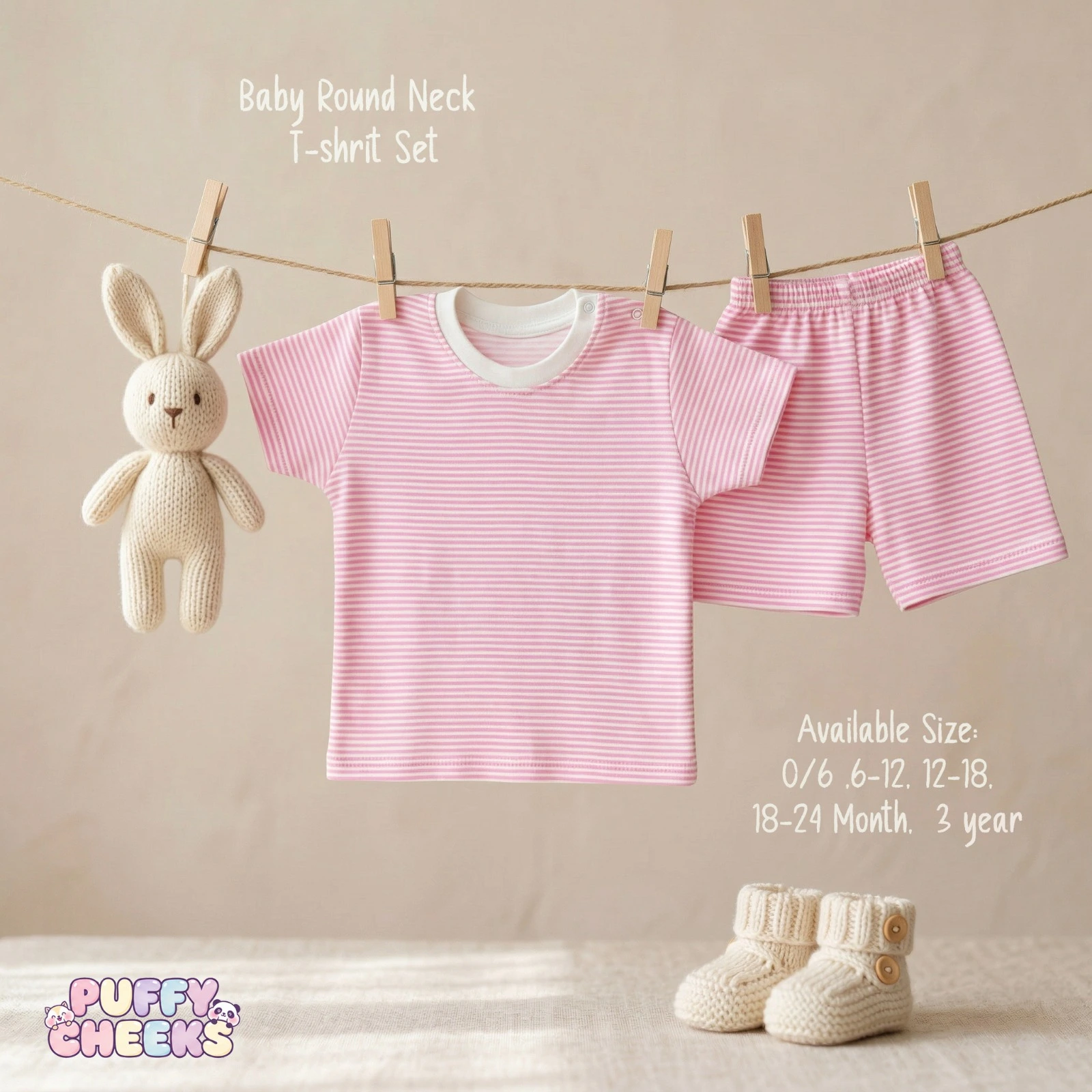 Baby round neck t-shirt and shorts set by Puffy Cheeks featuring a pink and white horizontal micro-stripe pattern on soft cotton fabric, with the short-sleeve t-shirt showing a solid white crew neck collar and a left-shoulder snap button, hanging from a clothesline with wooden pegs next to matching elastic-waist stripe shorts and a small knit bunny toy, displayed above small knit infant booties on a soft surface.