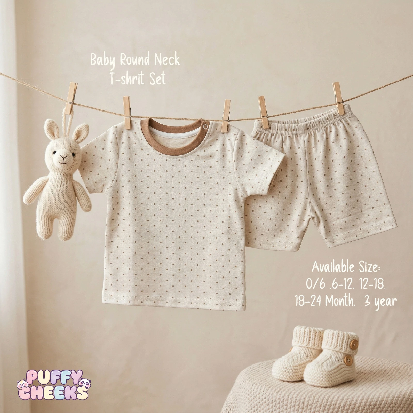 Baby round neck t-shirt and shorts set by Puffy Cheeks featuring a brown micro polka dot pattern on soft cream cotton fabric, with the short-sleeve t-shirt showing a solid brown crew neck collar and a left-shoulder snap button, hanging from a clothesline with wooden pegs next to matching elastic-waist polka dot shorts and a small knit llama toy, displayed above small knit infant booties on a textured surface.