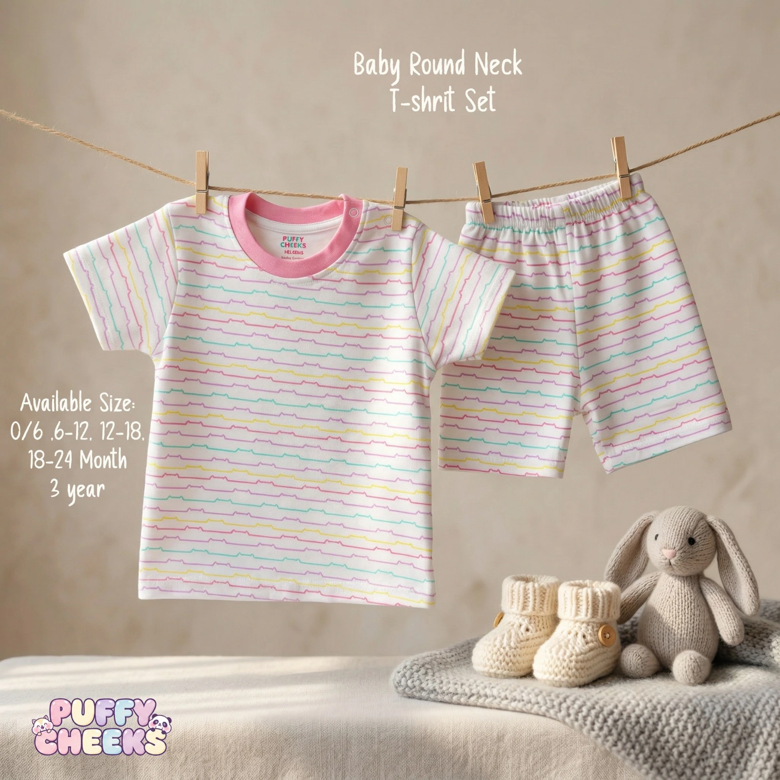 Baby round neck t-shirt and shorts set by Puffy Cheeks featuring a multi-colored horizontal pastel wave stripe pattern in pink, yellow, teal, and purple on white cotton fabric, with the short-sleeve t-shirt showing a thick solid pink crew neck collar and a left-shoulder snap button, hanging from a clothesline with wooden pegs next to matching elastic-waist shorts, displayed above small knit infant booties and a plush knit bunny toy sitting on a grey blanket.