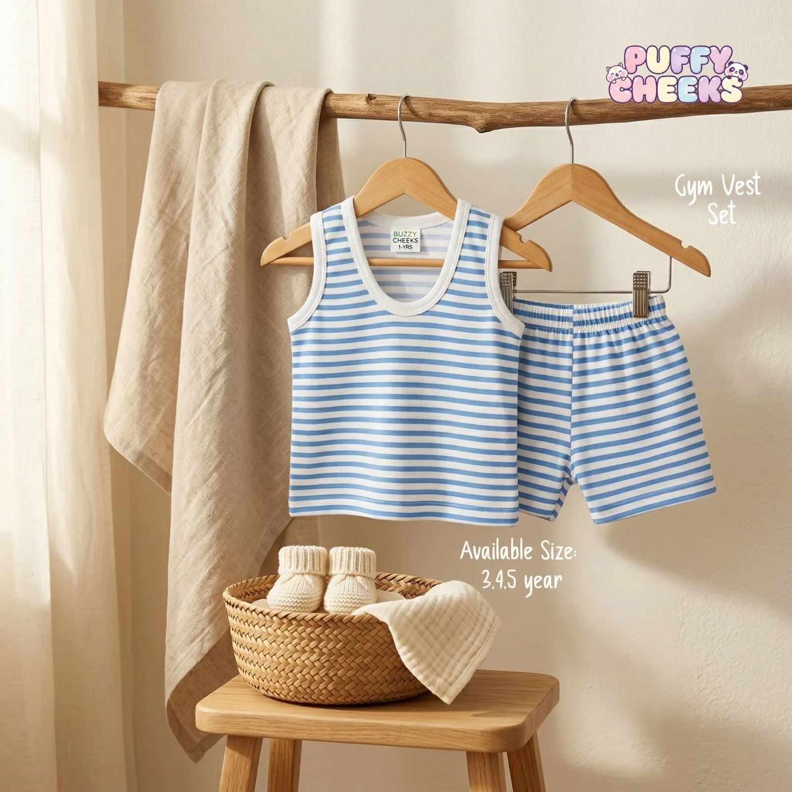 Toddler sleeveless gym vest and matching shorts set by Puffy Cheeks featuring a classic horizontal blue and white nautical stripe pattern on soft cotton fabric, with the tank top showing a solid white ribbed scoop neck trim hanging on a wooden hanger alongside matching striped elastic-waist shorts from a rustic wooden branch, displayed above cream knit booties and a folded muslin cloth inside a woven basket on a small wooden stool.