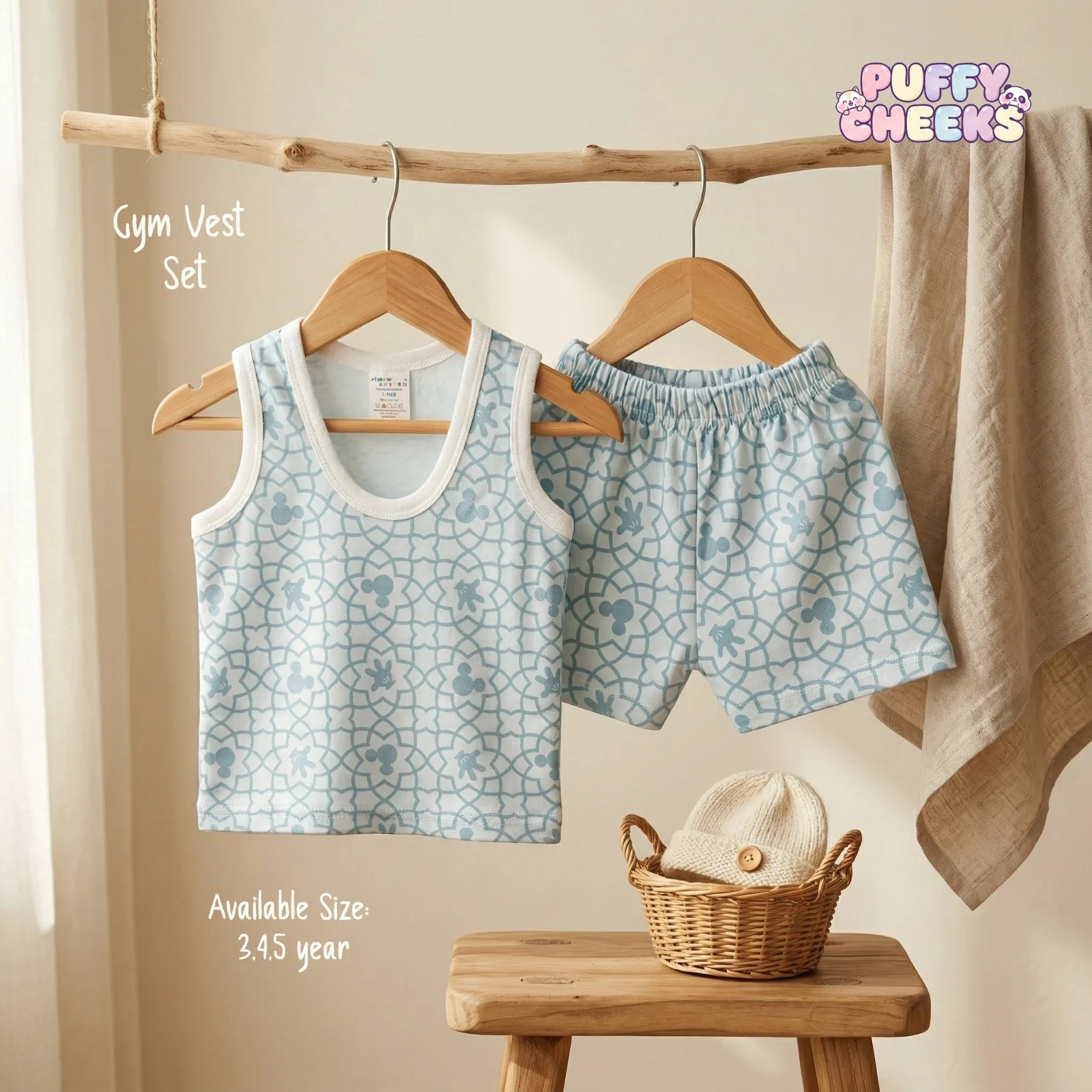 Toddler sleeveless gym vest and matching shorts set by Puffy Cheeks featuring an all-over light blue geometric lattice pattern interspersed with subtle cartoon mouse head silhouettes and hands on a soft cream cotton fabric, with the tank top showing a solid white ribbed scoop neck trim hanging on a wooden hanger alongside matching printed elastic-waist shorts from a rustic wooden branch, displayed above a small knit infant beanie with a button accent inside a mini woven basket on a wooden stool.