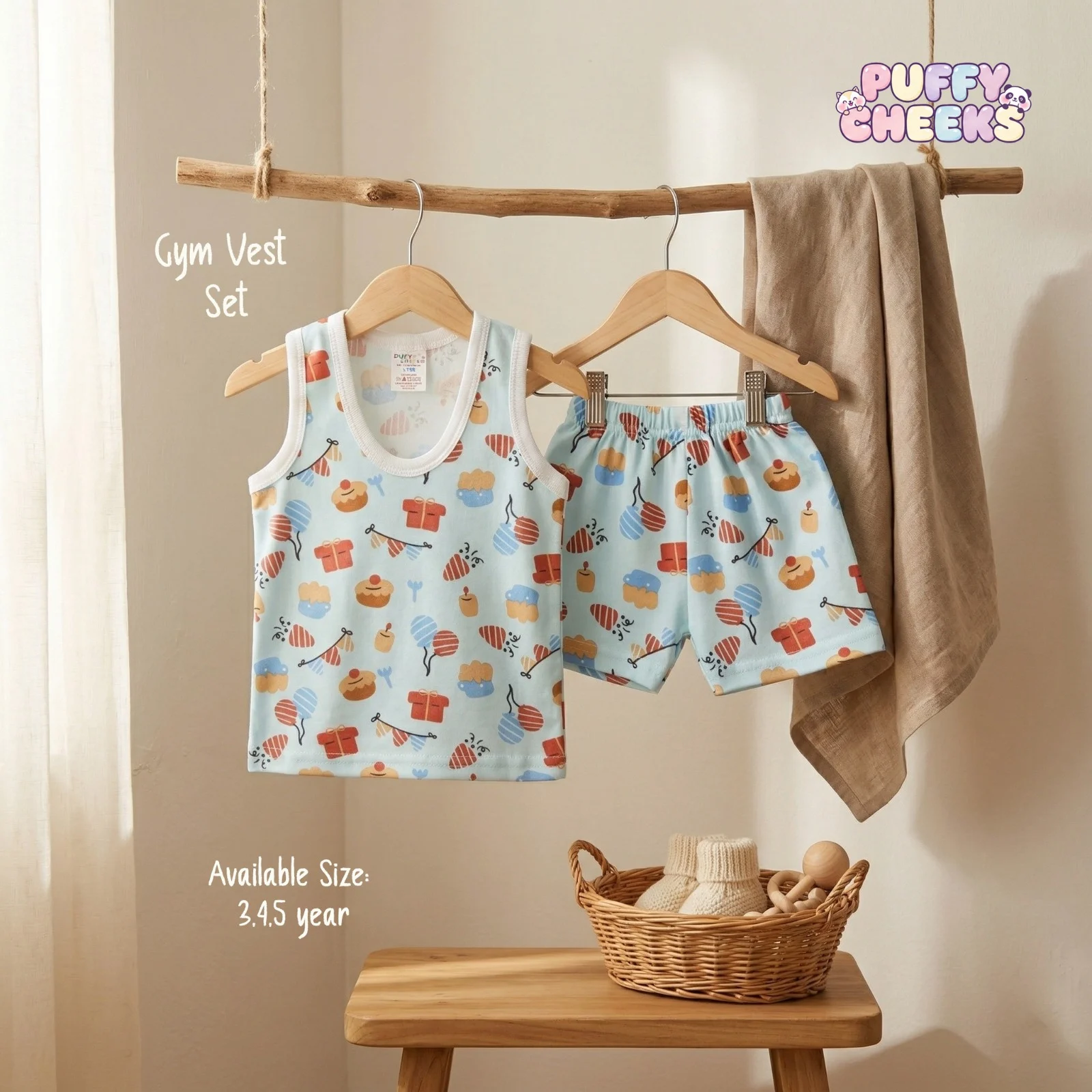 Toddler sleeveless gym vest and matching shorts set by Puffy Cheeks featuring an all-over festive party print with red gift boxes, birthday cupcakes, balloons, party banners, and lit candles on a light blue cotton fabric, with the tank top showing a solid white ribbed scoop neck trim hanging on a wooden hanger alongside matching printed elastic-waist shorts from a rustic wooden branch, displayed above cream knit infant booties and a wooden rattle inside a woven basket on a small wooden stool.