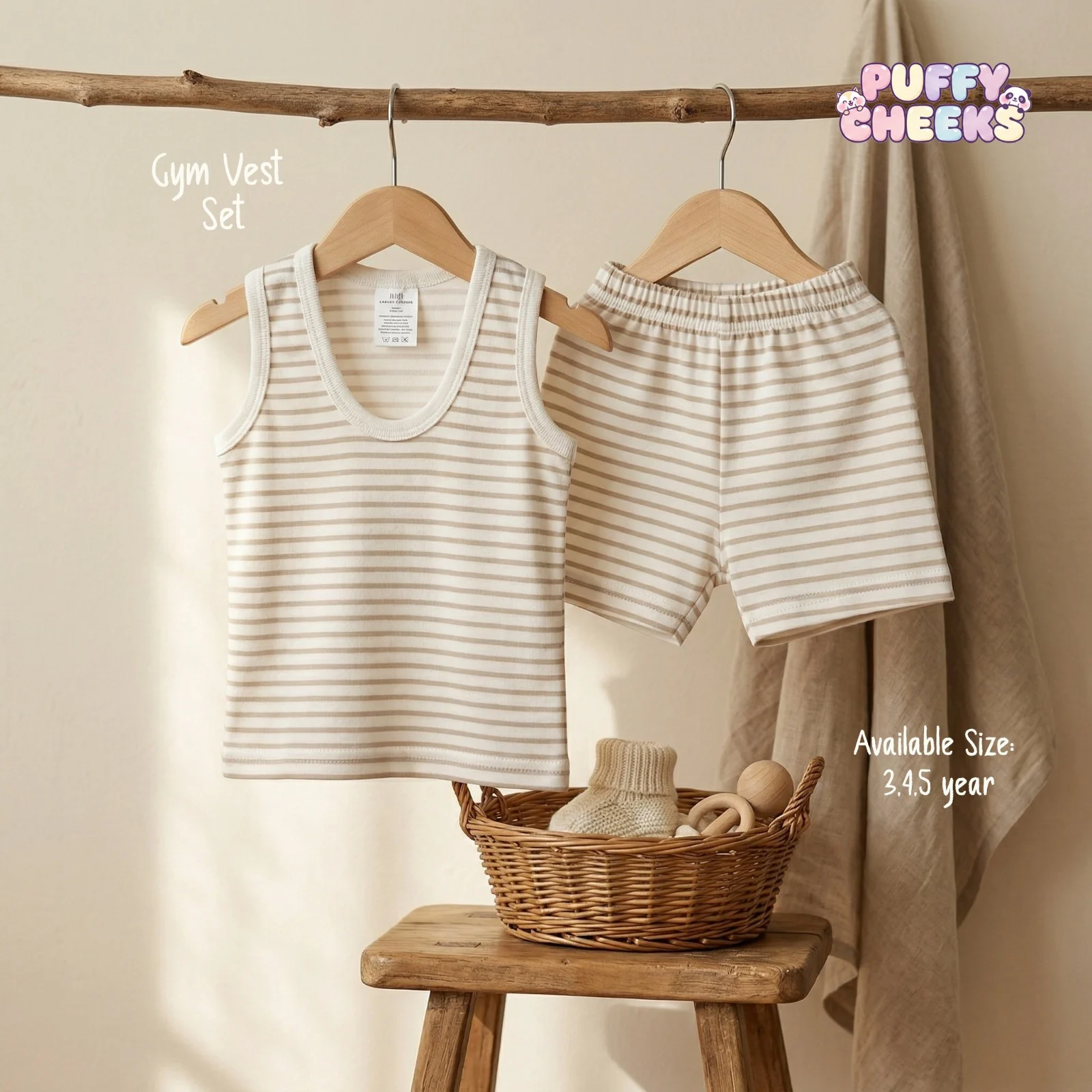 Toddler sleeveless gym vest and matching shorts set by Puffy Cheeks featuring a minimalist horizontal beige and white stripe pattern on soft cotton fabric, with the tank top showing a self-fabric ribbed scoop neck trim hanging on a wooden hanger alongside matching striped elastic-waist shorts from a rustic wooden branch, displayed above a cream knit infant bootie and a wooden teething rattle inside a woven basket on a rustic wooden stool.