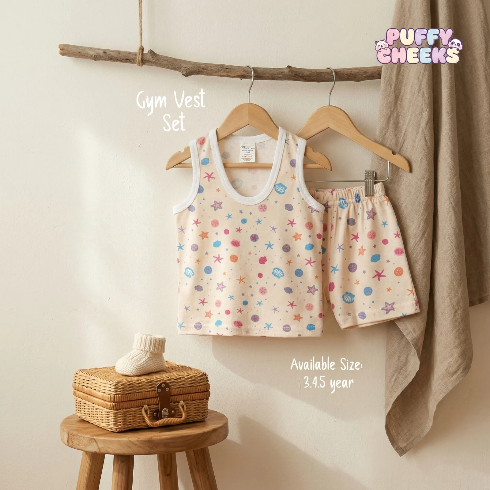 Toddler sleeveless gym vest and matching shorts set by Puffy Cheeks featuring an all-over ocean life print with colorful pink and orange starfish, blue seashells, and purple shells on a cream cotton fabric, with the tank top showing a white ribbed scoop neck trim hanging on a wooden hanger alongside matching elastic-waist shorts from a rustic wooden branch, displayed above a cream knit bootie on a small wicker suitcase resting on a wooden stool.