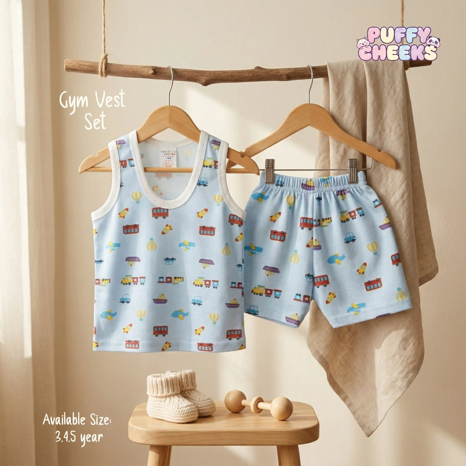 Toddler sleeveless gym vest and matching shorts set by Puffy Cheeks featuring an all-over transportation print with red buses, blue cars, colorful trains, rockets, airplanes, and hot air balloons on a light blue cotton fabric, with the tank top showing a white ribbed scoop neck trim hanging on a wooden hanger alongside matching elastic-waist shorts from a rustic wooden branch, displayed above cream knit booties and a wooden rattle toy on a small stool.