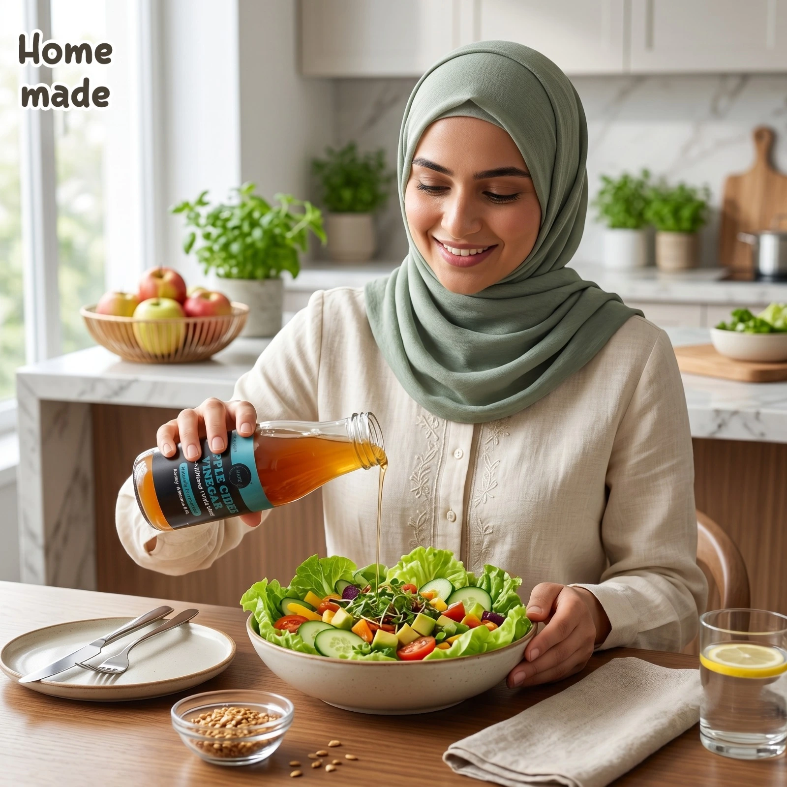A smiling young woman wearing a sage green hijab and cream blouse pouring amber-colored HAFZ Homemade Apple Cider Vinegar from a glass bottle onto a vibrant green garden salad filled with lettuce, cucumber slices, avocado, and tomatoes. The scene is set on a wooden dining table in a bright, modern kitchen with fresh apples and herbs blurred in the background.